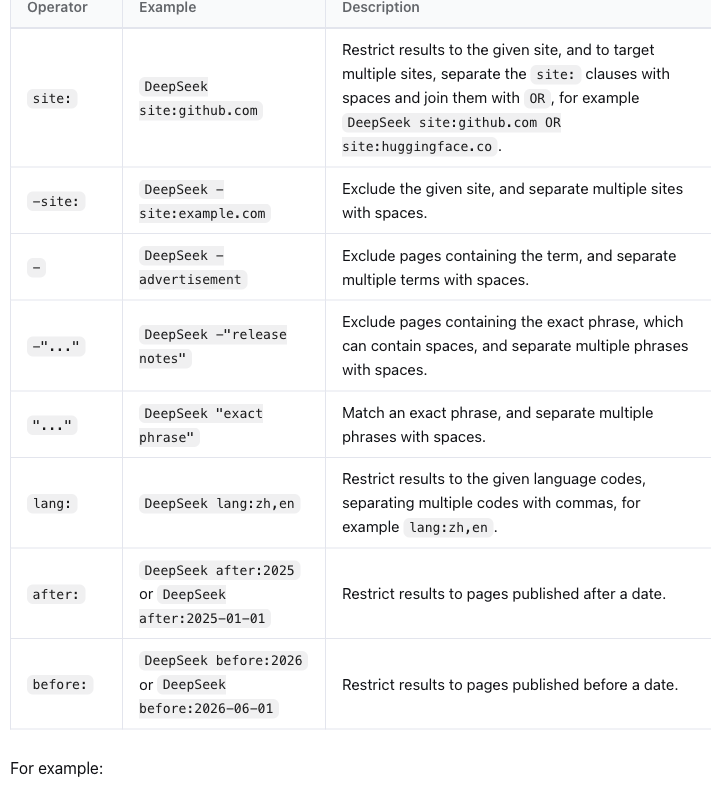 DeepSeek 공식 문서의 검색 요청 필드와 기본값을 보여주는 표
